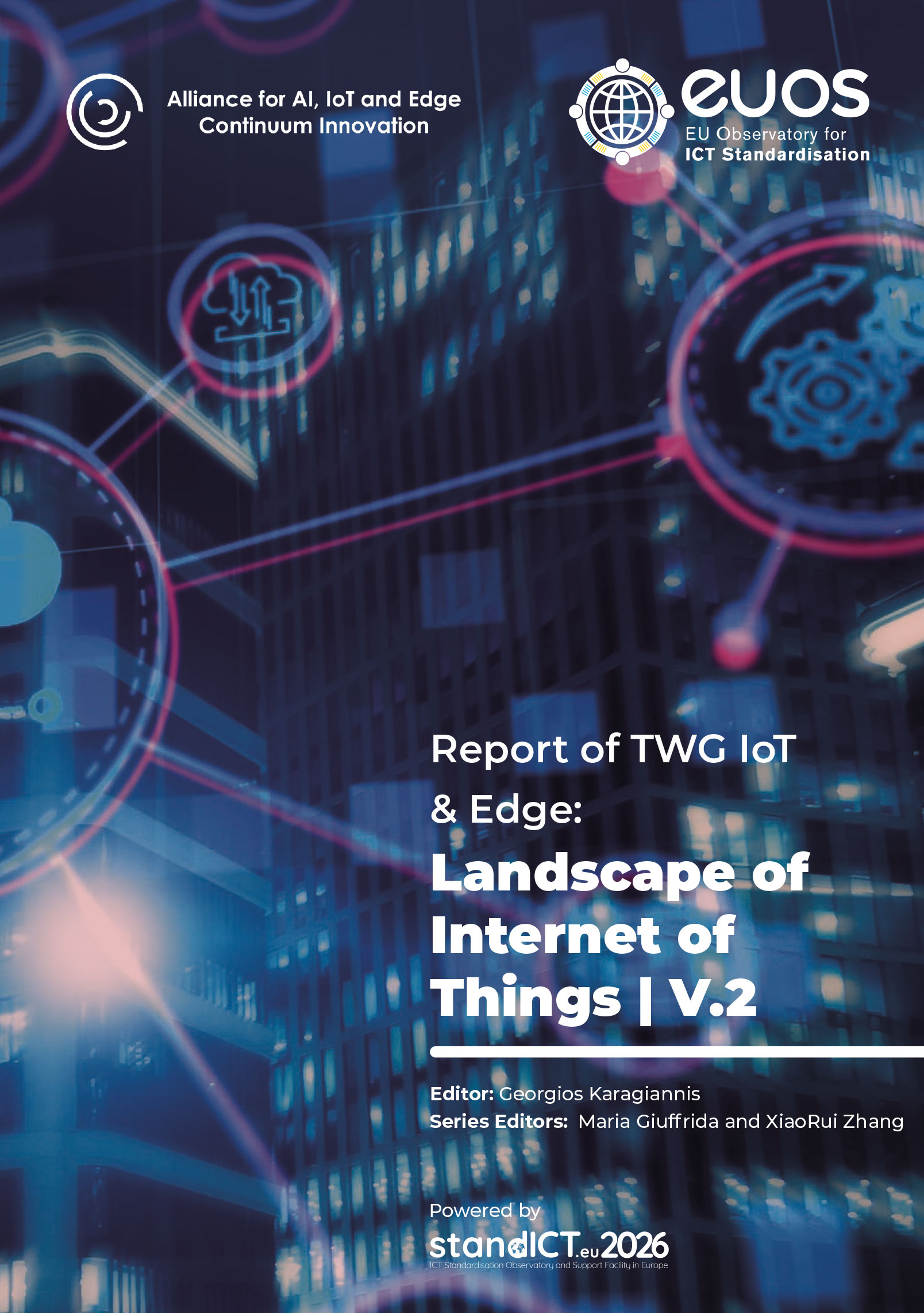 The goal of this report is to capture the landscape of IoT activities and IoT documents/specifications published and/or under publication by SDOs, Alliances and OSS Initiatives.  In order to realize this goal, this report has used the methodology and process defined by EUOS StandICT.eu in the “Landscape of AI Standards” report of TWG AI (Technical Working Group of Artificial Intelligence). In particular, representatives from several SDOs, Alliances, OSS Initiatives and academic institutions have created an 