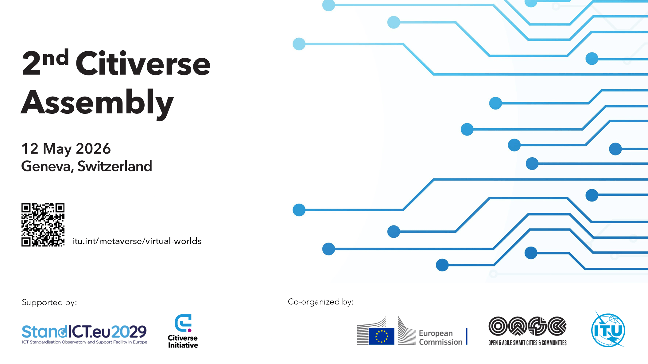 blue circuits on white background with title of the event and QR code